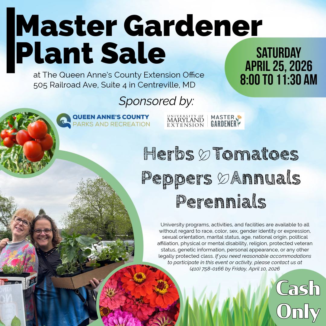Master Gardener Plant Sale Flyer. Two women hold trays of vegetables and flowers.